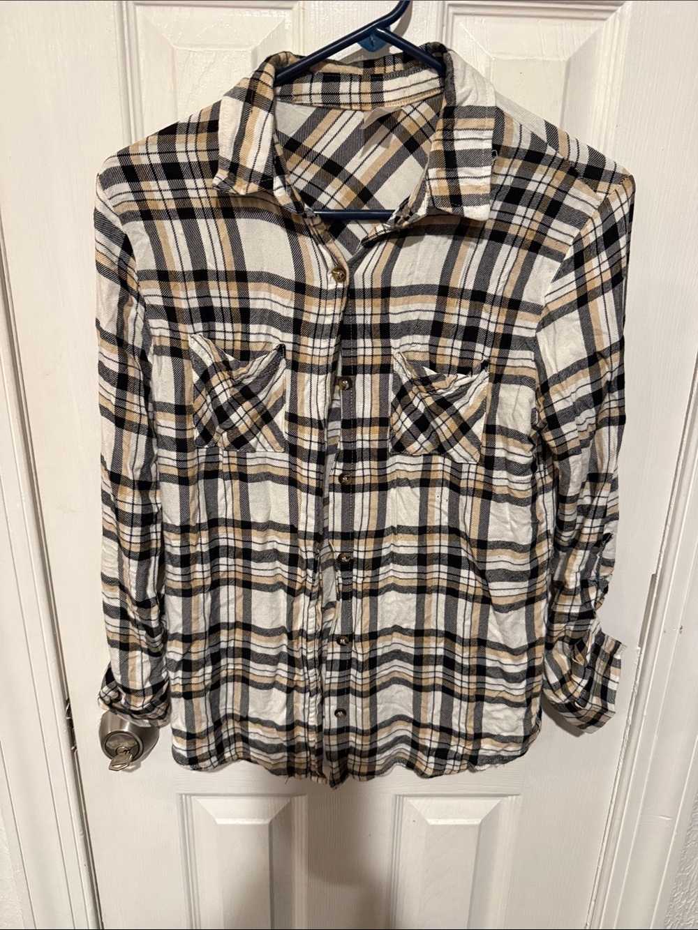 No Boundaries Cream Black and Brown Plaid Button-Down Shirt